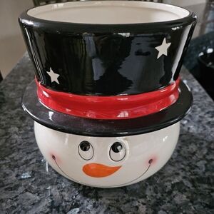 Festive Snowman Ceramic Vase/Bowl with Black Top Hat